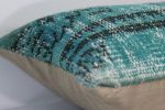 Picture of Wool 12x20 Lumbar Turquoise Pillow - Turkish OverDyed Decorative Wool Rug Back Pillow Case Hand-Knotted