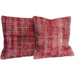 Picture of Set of 2 Red Pillows 18x18 - Turkish Over-Dyed Decorative Wool Rug Pillows Pair - Kilim Rug Pillow Covers One-of-Kind Throws for Couch
