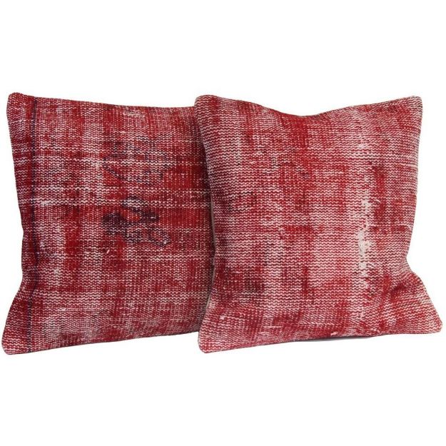 Picture of Set of 2 Red Pillows 18x18 - Turkish Over-Dyed Decorative Wool Rug Pillows Pair - Kilim Rug Pillow Covers One-of-Kind Throws for Couch