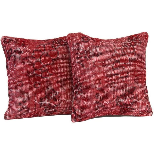 Picture of Set of 2 Red Pillows 18x18 - Turkish Over-Dyed Vivid Wool Pillow for Couch - Kilim Rug Pillow Cover Bold One-of-Kind Throw Set of 2